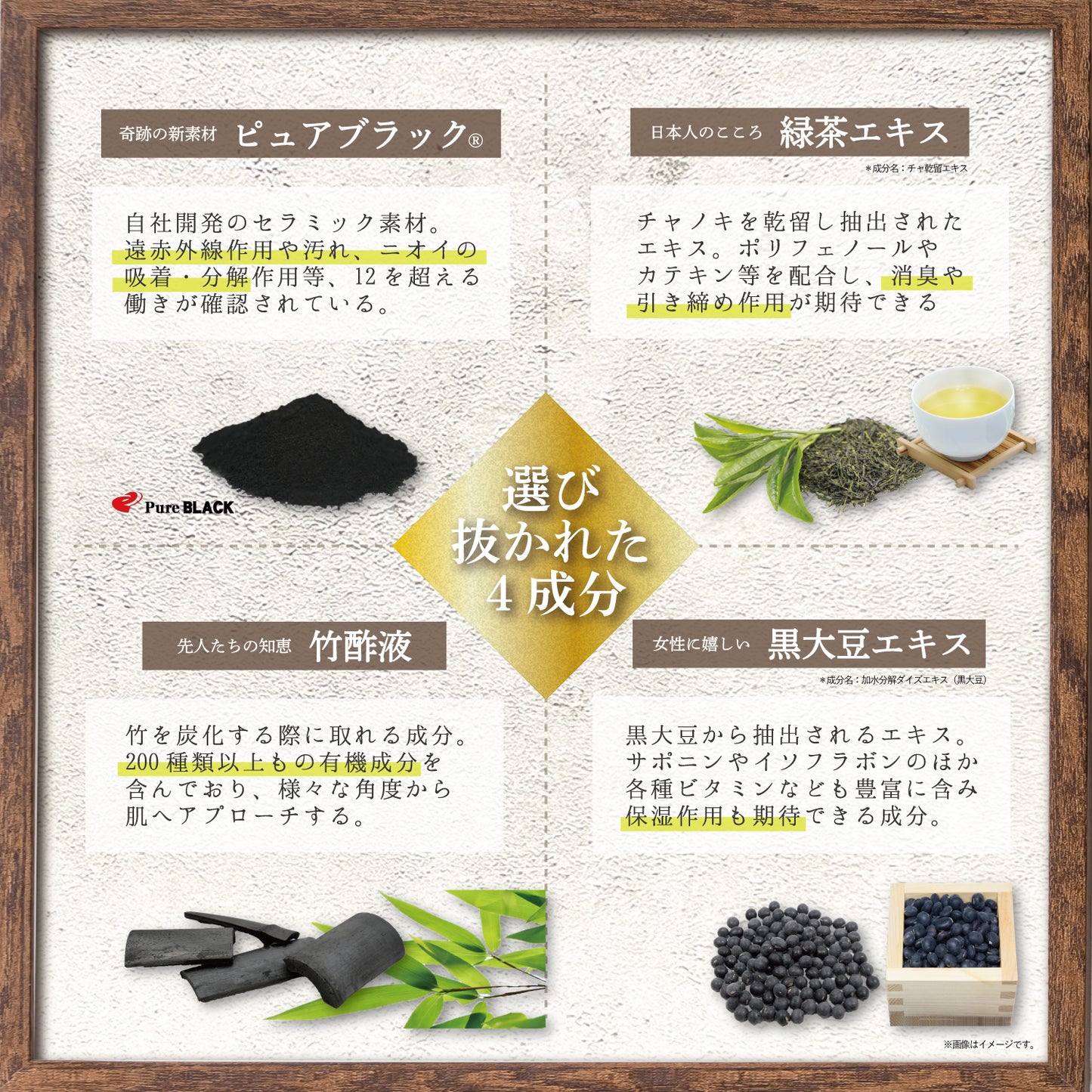 ピュアブラック、緑茶エキス、竹酢液、黒大豆エキス配合